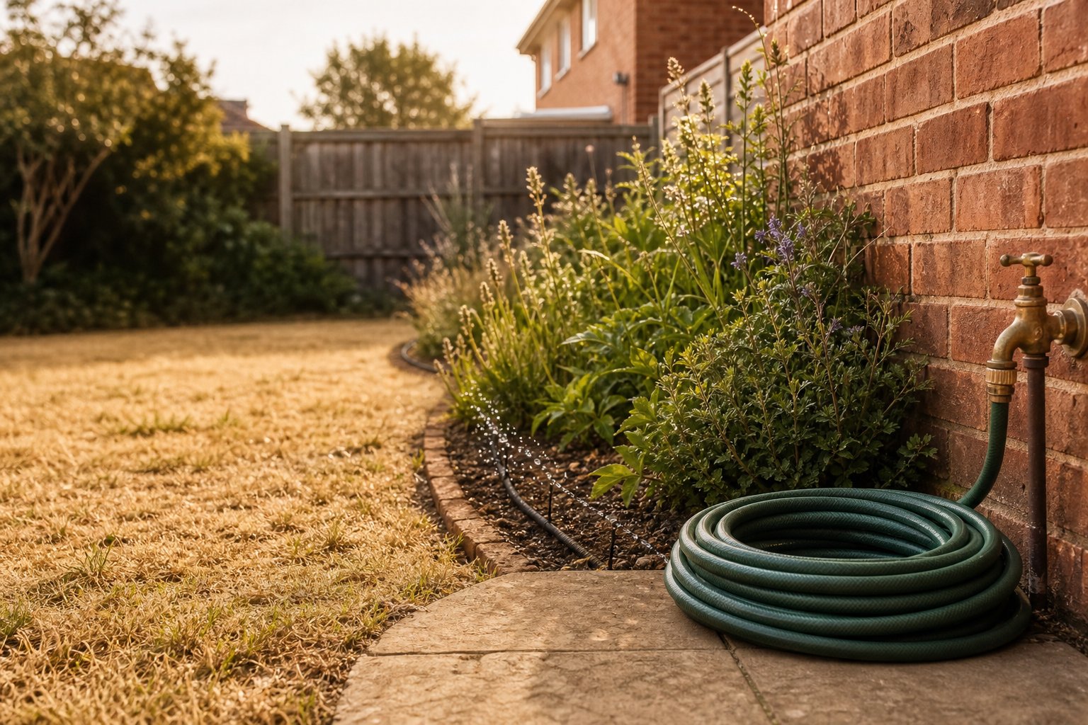 Unused hosepipe coiled by a brass outdoor tap while drip irrigation waters a UK garden during a hosepipe ban