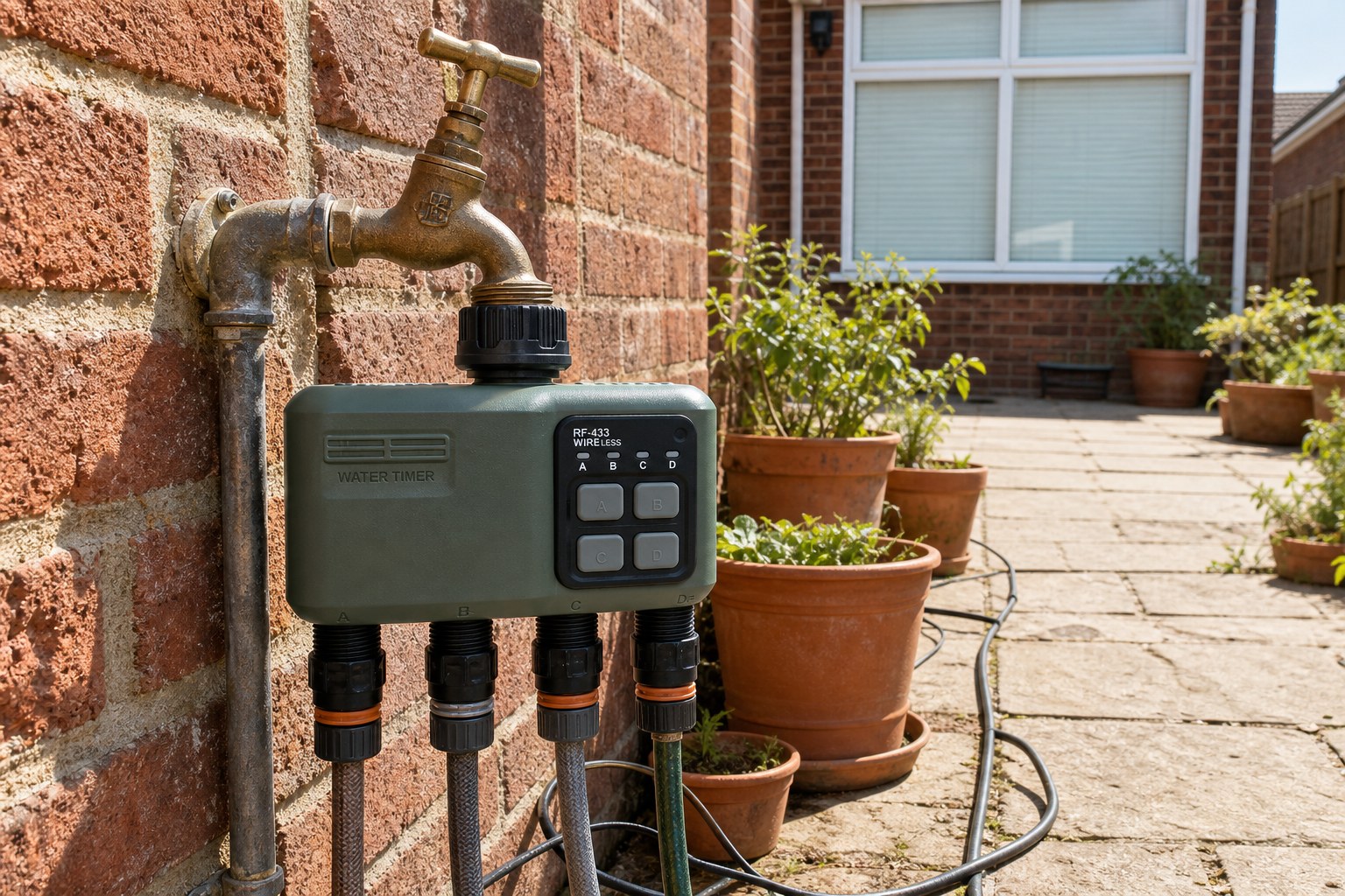 UK holiday watering system running at dawn, drip lines watering pots while a suitcase waits inside the open back door