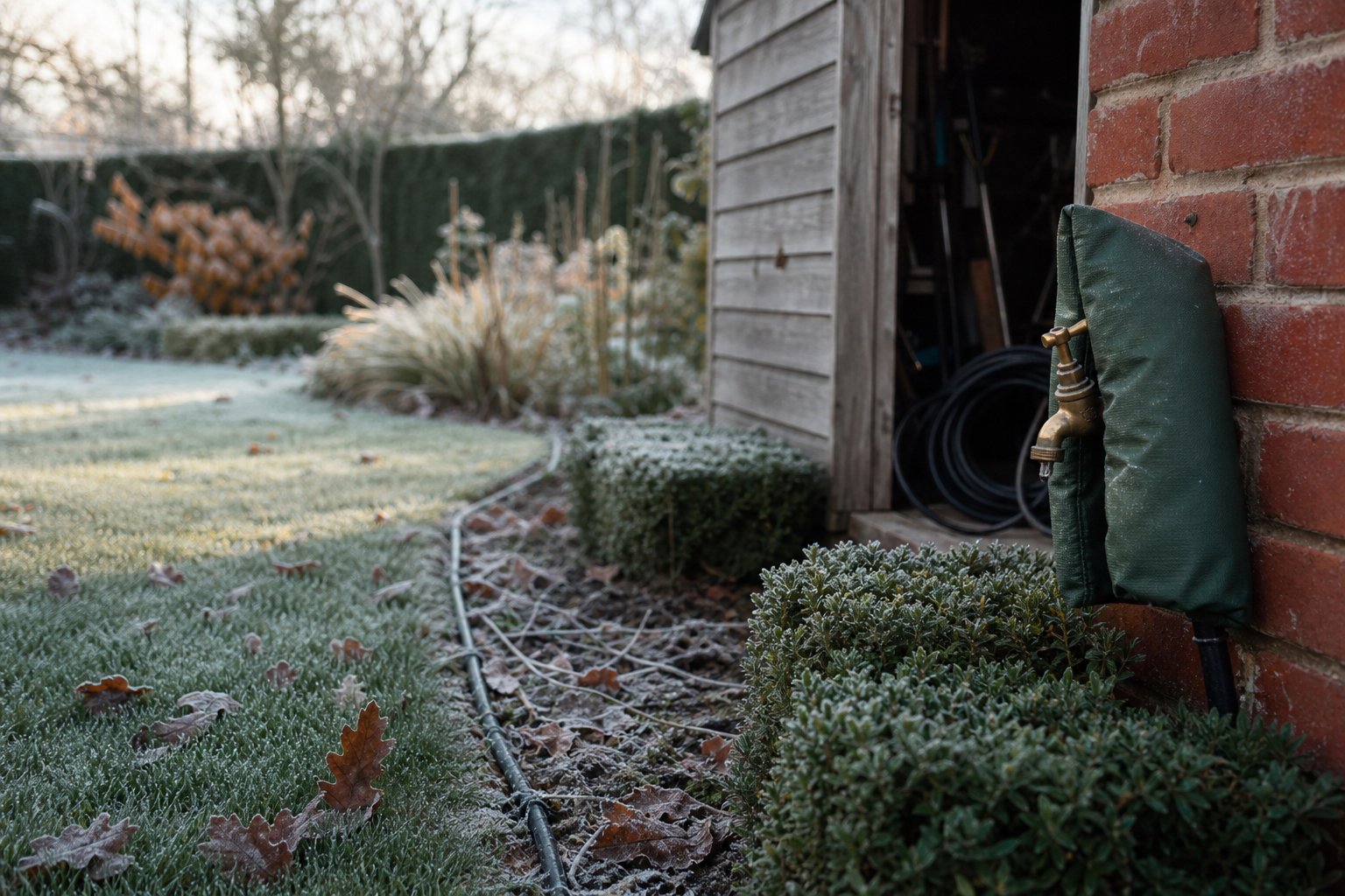 Water timer frost protection UK, insulated cover on the brass outside tap and lines stored in the shed at first frost
