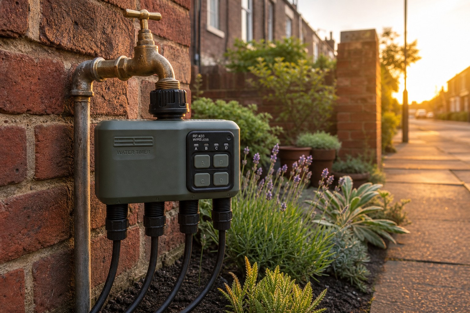Water butt, coiled unused hose and drip lines watering raised beds in a terraced UK garden as water bills rise on a meter