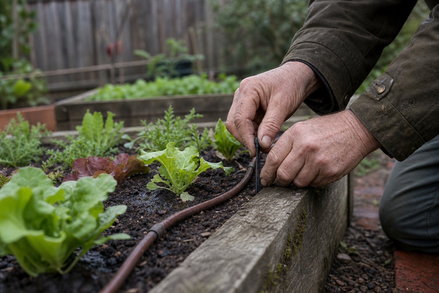 Hands pegging a drip line along a timber raised bed of young veg â raised bed drip irrigation on a timer setup