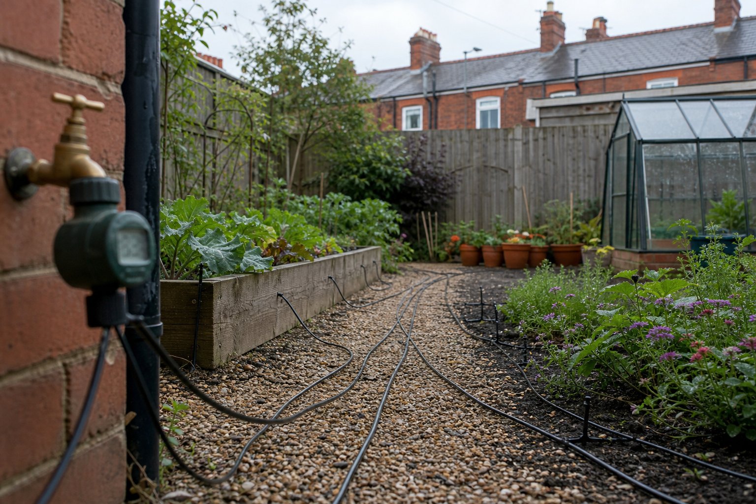 Four irrigation lines fanning out from a brass tap to garden zones after a smart water timer installation