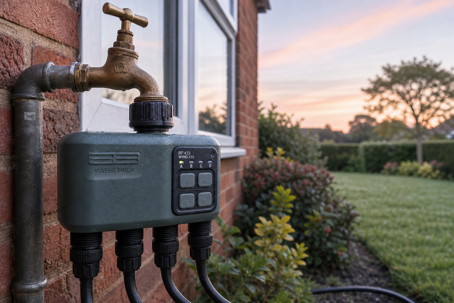 UK outdoor tap with multi-zone RF water timer feeding drip laterals across patio pots and border beds