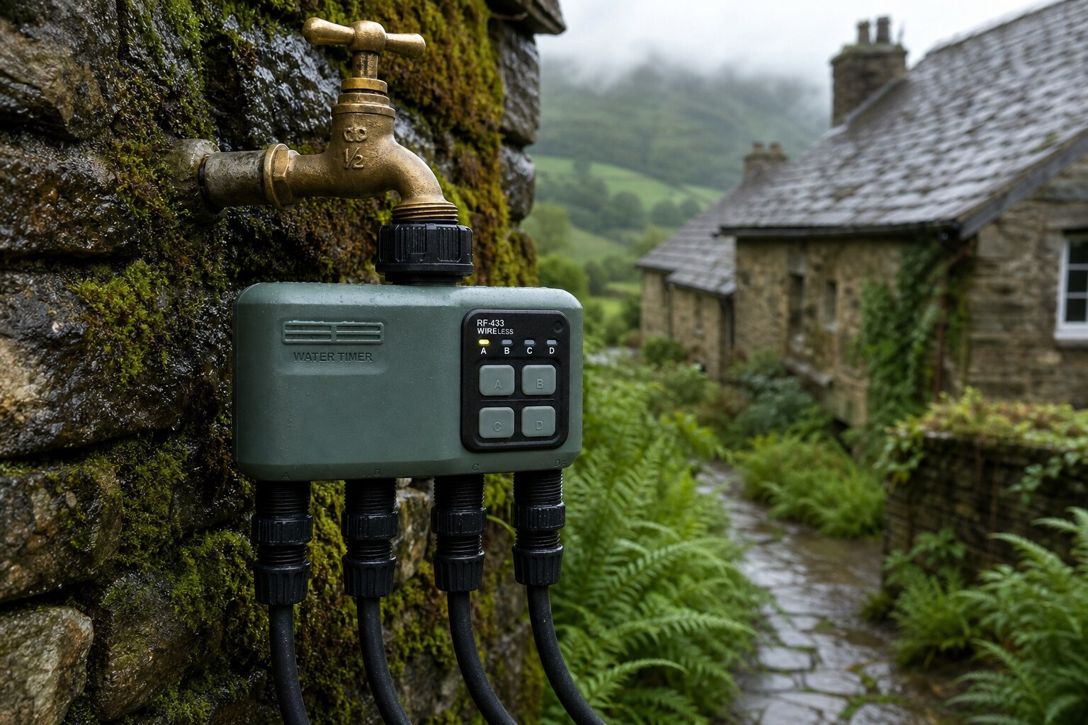 UK outdoor tap with garden tap timer and four-zone RF watering paths for lawn, borders, pots and greenhouse