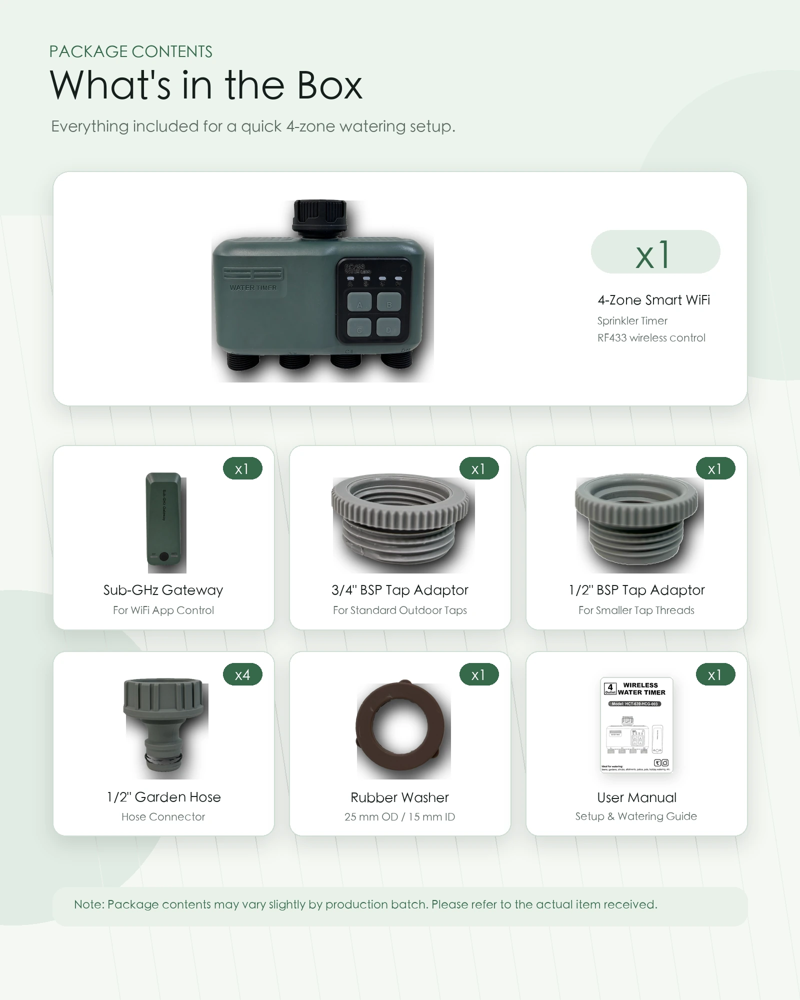 Johgee 4-zone smart water timer box contents