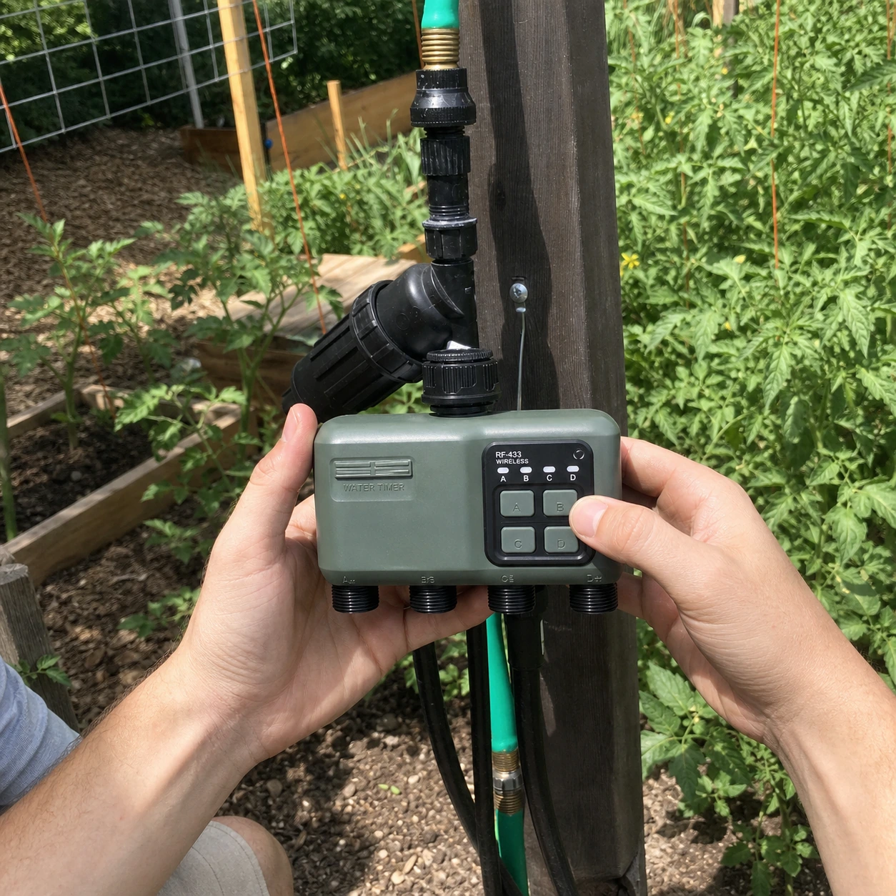 Johgee 4-Zone Smart Water Timer connected to an outdoor tap in a garden