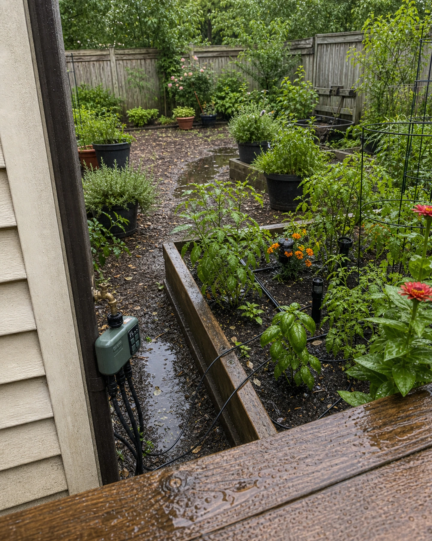 Johgee water timer connected to drip irrigation in a rainy garden