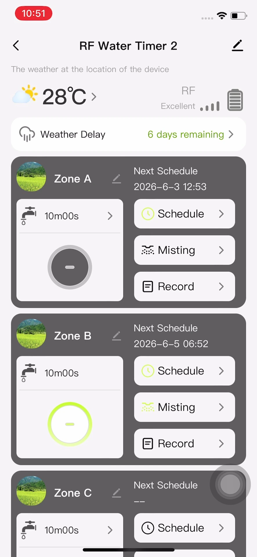 Johgee app showing separate zones, schedules and weather delay