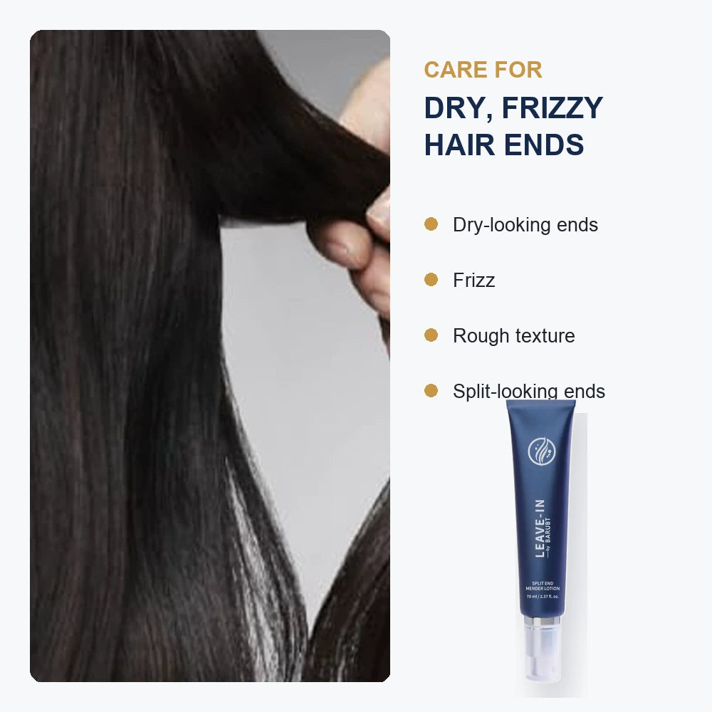 Blue leave-in hair serum beside dark hair with care points for dry, frizzy and rough ends