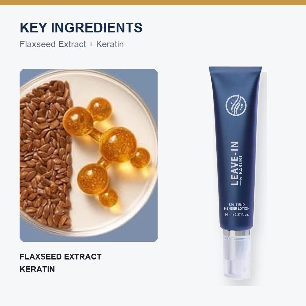 Blue hair serum tube with flaxseeds and key ingredient text for flaxseed extract and keratin