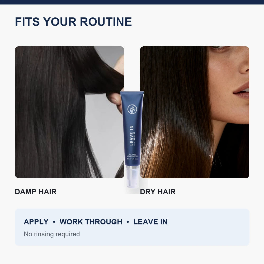 Blue leave-in hair serum with damp hair and dry hair application options and no-rinse instruction