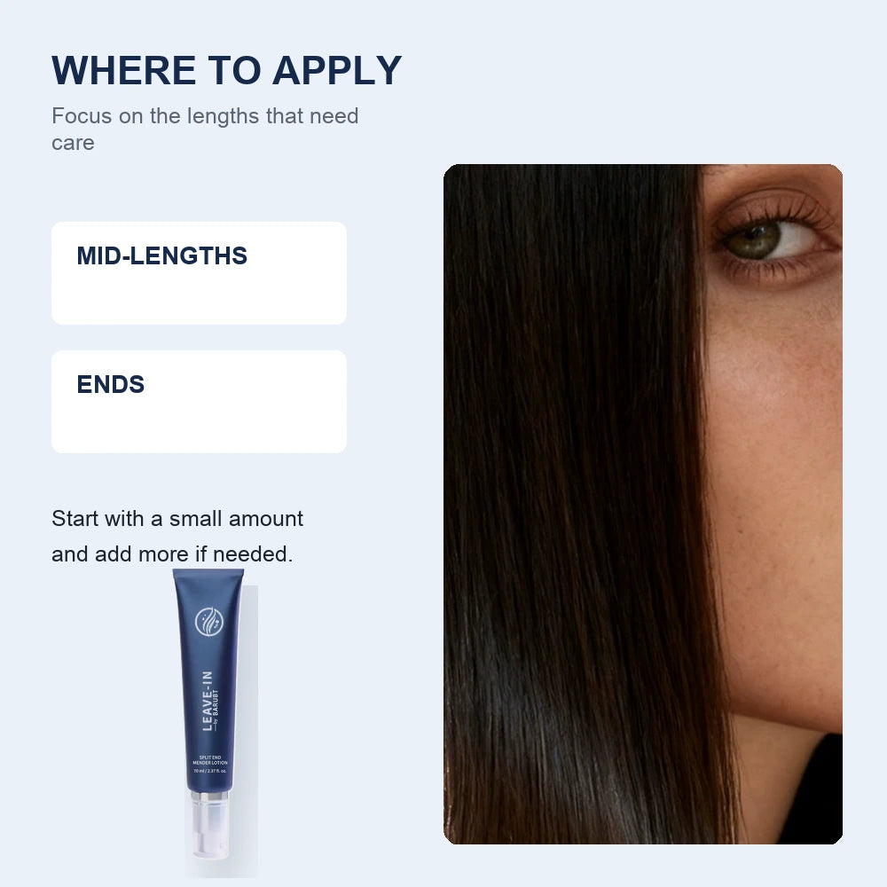 Leave-in hair serum application graphic highlighting the mid-lengths and ends of long brown hair