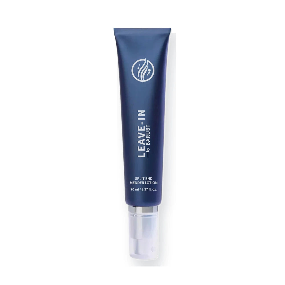 Dark blue 70 ml leave-in hair serum tube with clear pump on a white background