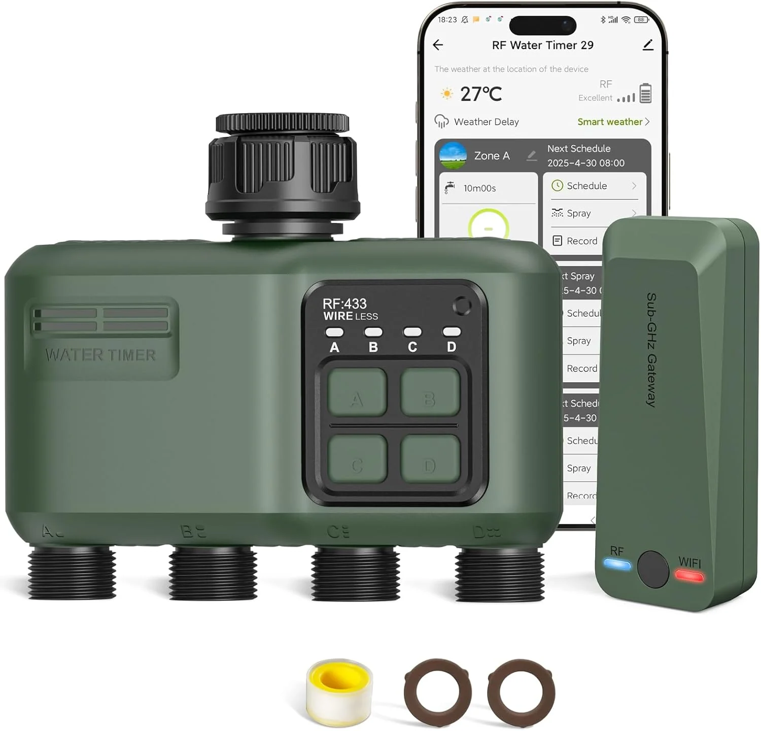 Johgee 4-zone RF smart water timer with indoor WiFi gateway app control and tap adaptors