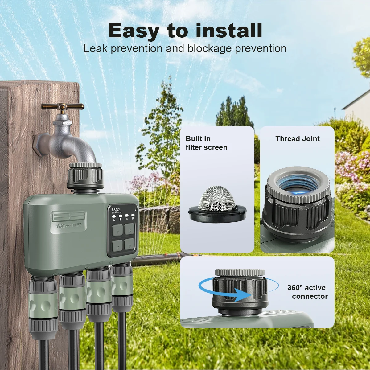 Easy install 4-zone garden water timer with filter screen rotating tap connector and leak prevention